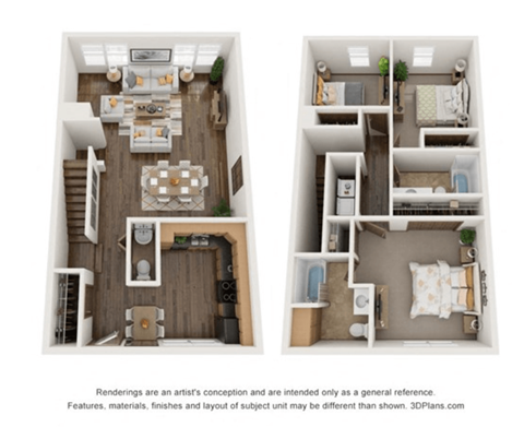 Floor plan for 3 beds, 2.5 baths, 1554 sqft